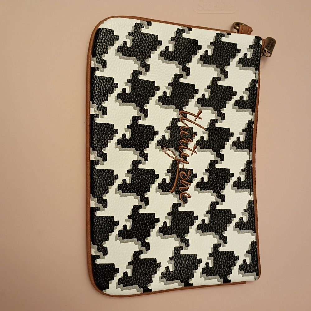 thirty-one Black & White Houndstooth Zip Pouch with Brown Trim